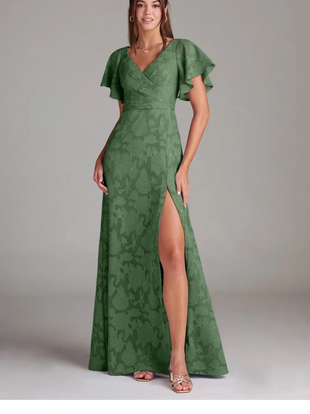 Azazie Green Floral Jacquard Maxi Dress with Flutter Sleeves